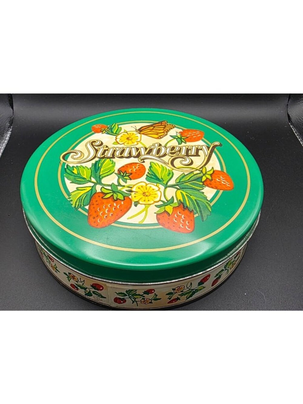 Vintage Retro Green metal Tin with Strawberry & Butterfly Design Cottagecore